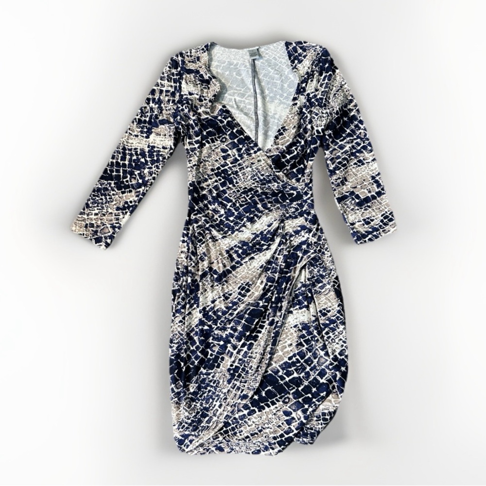 Cache Women's geometric Print Blue‎ Wrap Dress  M Stretch Y2K Long Sleeve